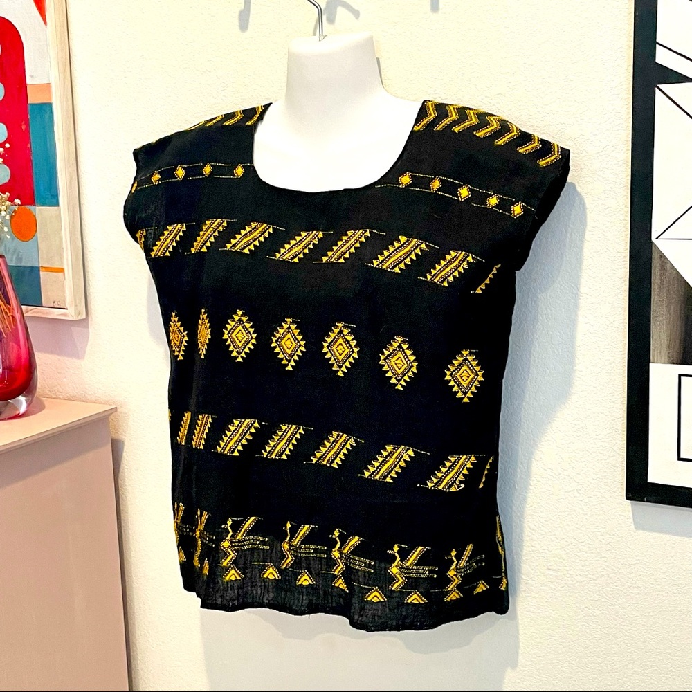 Mexican Black Linen Boho Top Yellow Embroidery XS!
